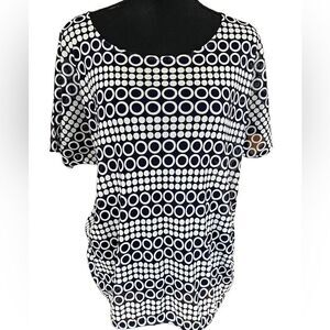 Outback Red black/ ivory circle scoop neck short sleeved semi sheer mesh top